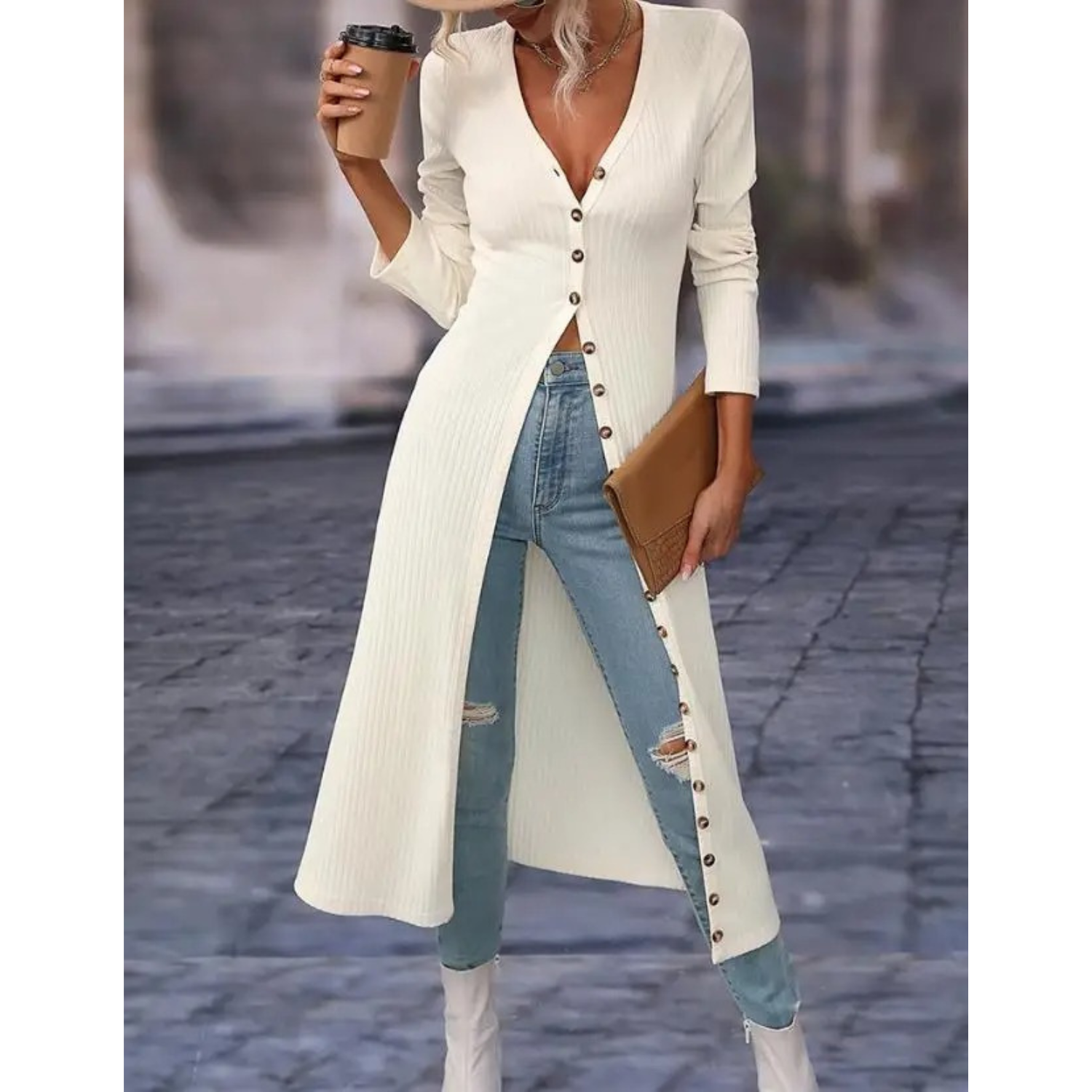 Women’s Longline V Neck Button Jacket – Lightweight Comfortable Stylish Casual Elegant Everyday Outerwear