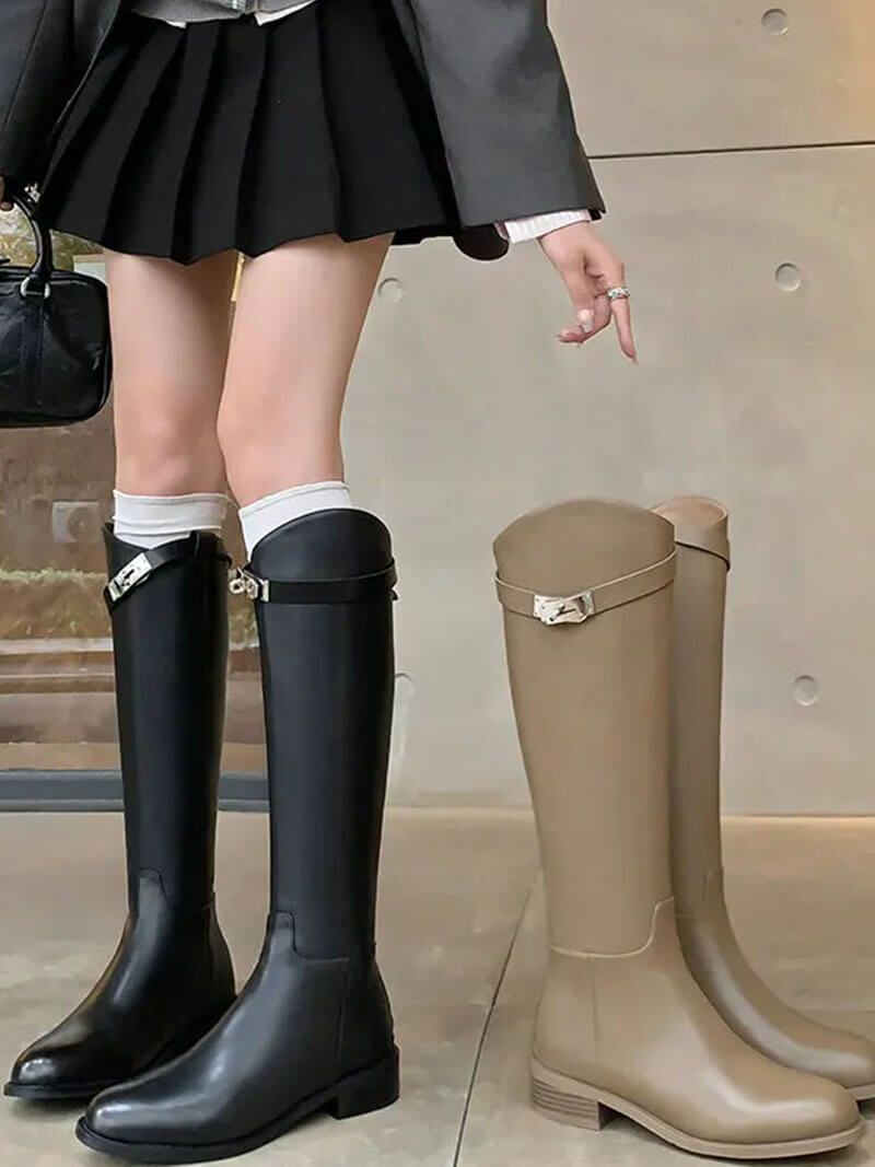 Aveline Women’s Leather Riding Boots with Metal Detail Elegant Tall