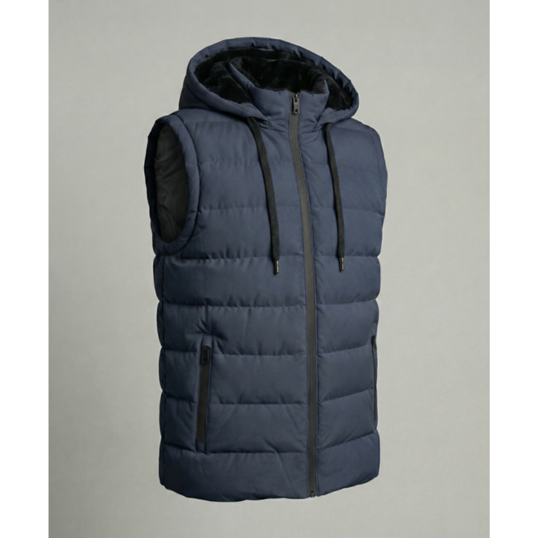 Quiltet puffer-vest til mænd med hætte - fleeceforet vest med lynlåslommer til lag-på-lag i koldt vejr