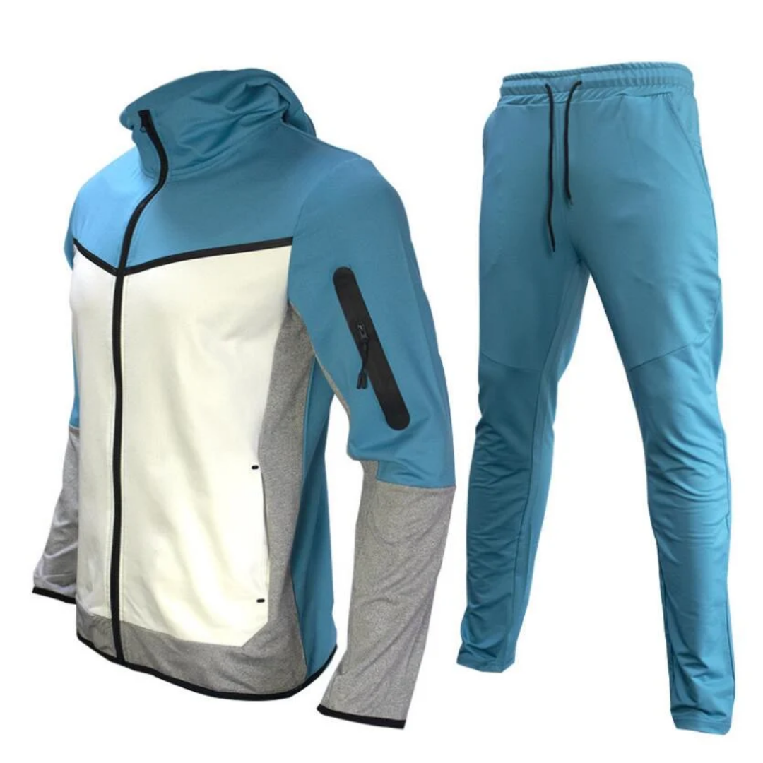 Completo da uomo antivento in stile tuta - Giacca con cappuccio e chiusura a zip e pantaloni affusolati da allenamento per sport e tempo libero