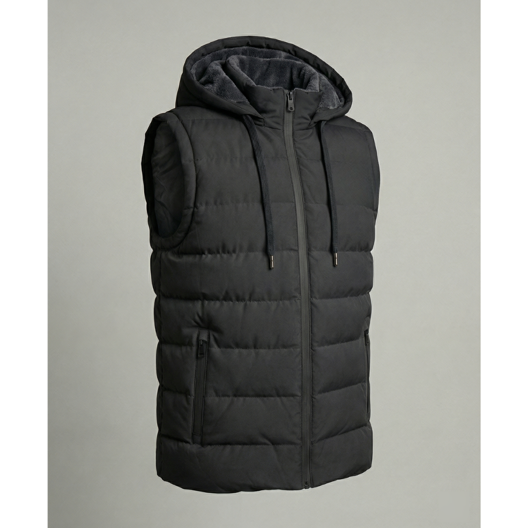 Quiltet puffer-vest til mænd med hætte - fleeceforet vest med lynlåslommer til lag-på-lag i koldt vejr