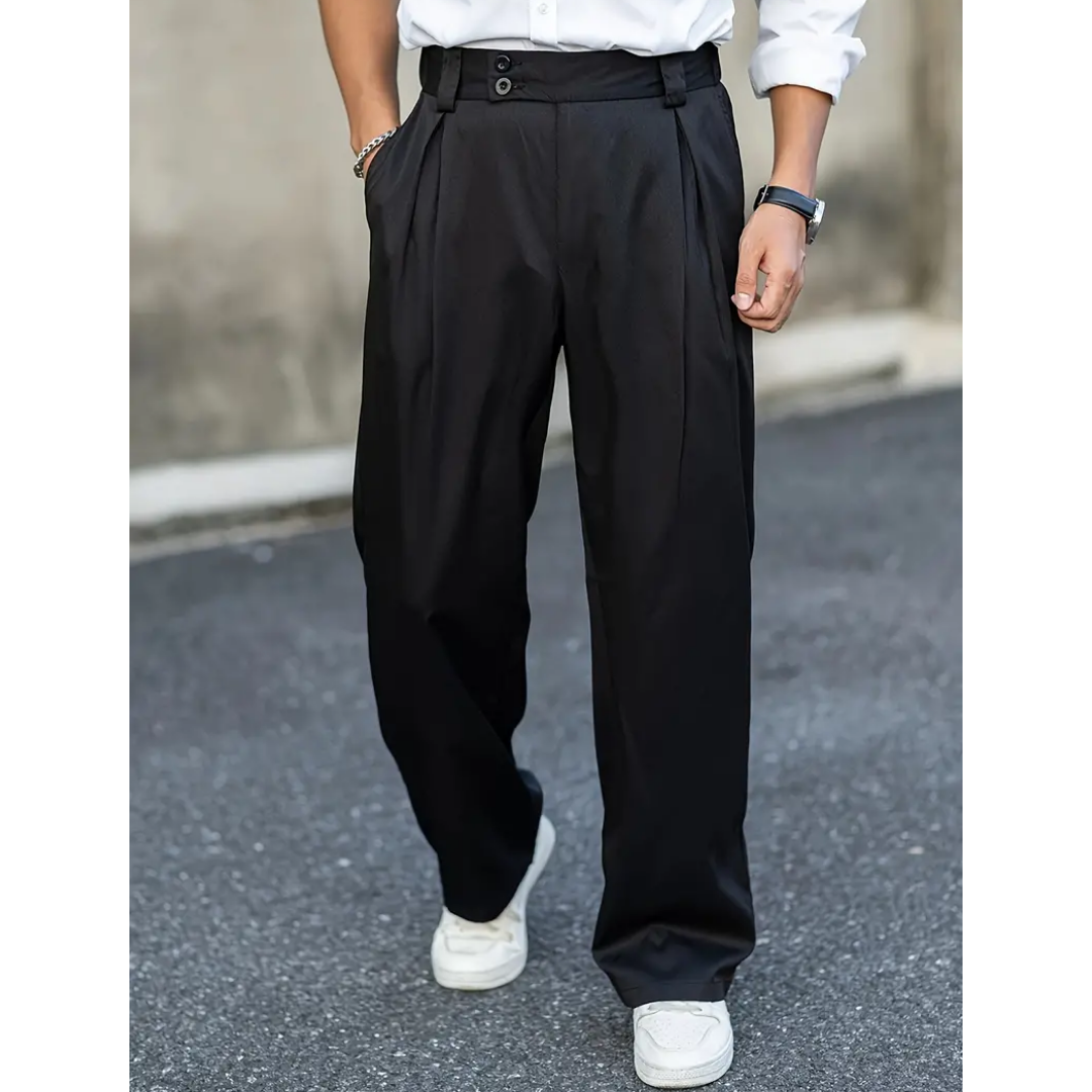 Pantalones plisados de pierna ancha para hombre - Pantalones de corte relajado y sastrero con cintura de doble botón y bolsillos laterales