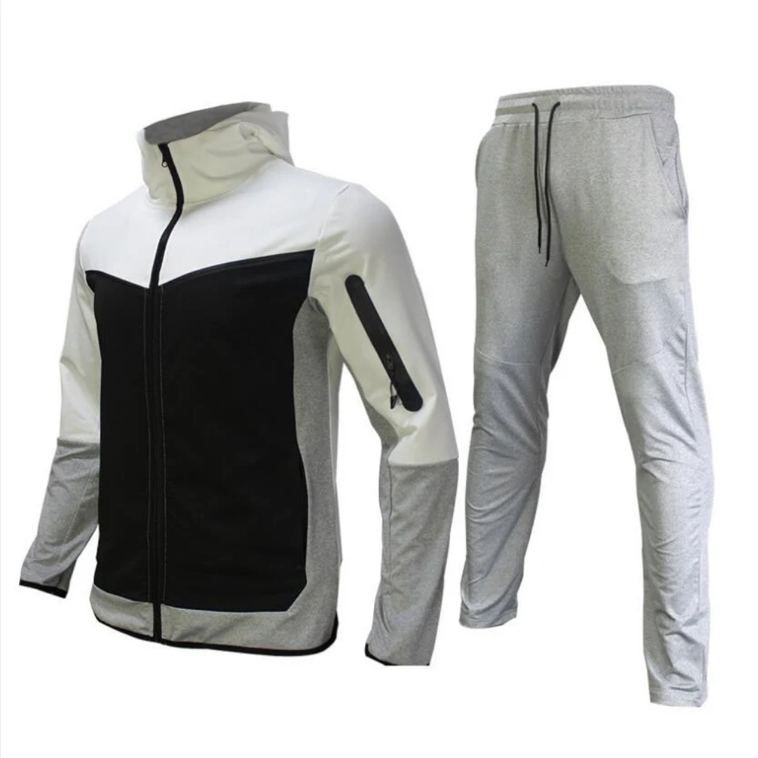 Completo da uomo antivento in stile tuta - Giacca con cappuccio e chiusura a zip e pantaloni affusolati da allenamento per sport e tempo libero