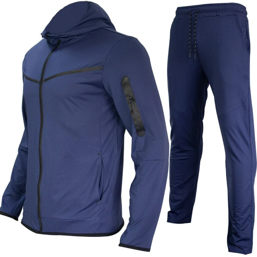 Completo da uomo antivento in stile tuta - Giacca con cappuccio e chiusura a zip e pantaloni affusolati da allenamento per sport e tempo libero