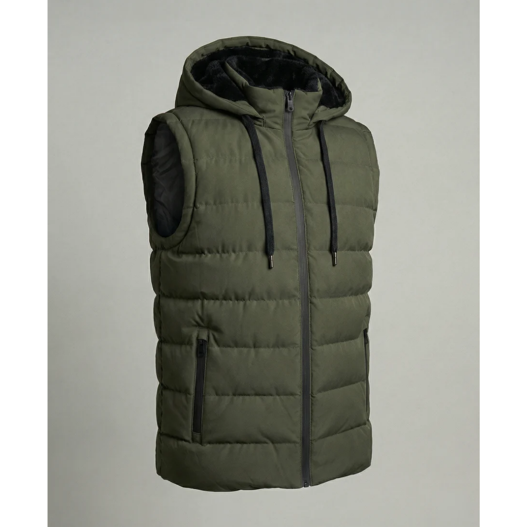 Quiltet puffer-vest til mænd med hætte - fleeceforet vest med lynlåslommer til lag-på-lag i koldt vejr