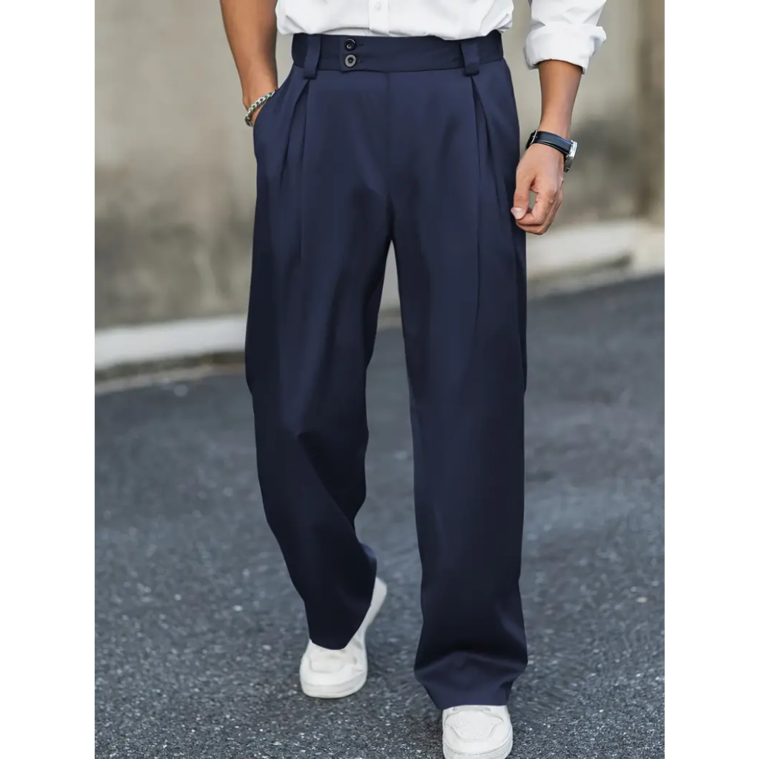 Pantalones plisados de pierna ancha para hombre - Pantalones de corte relajado y sastrero con cintura de doble botón y bolsillos laterales