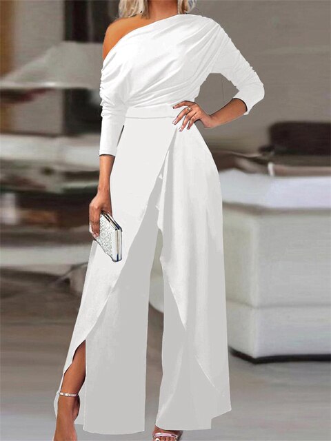 Mono elegante de mujer, de un solo hombro y pierna ancha, para fiestas y eventos formales.