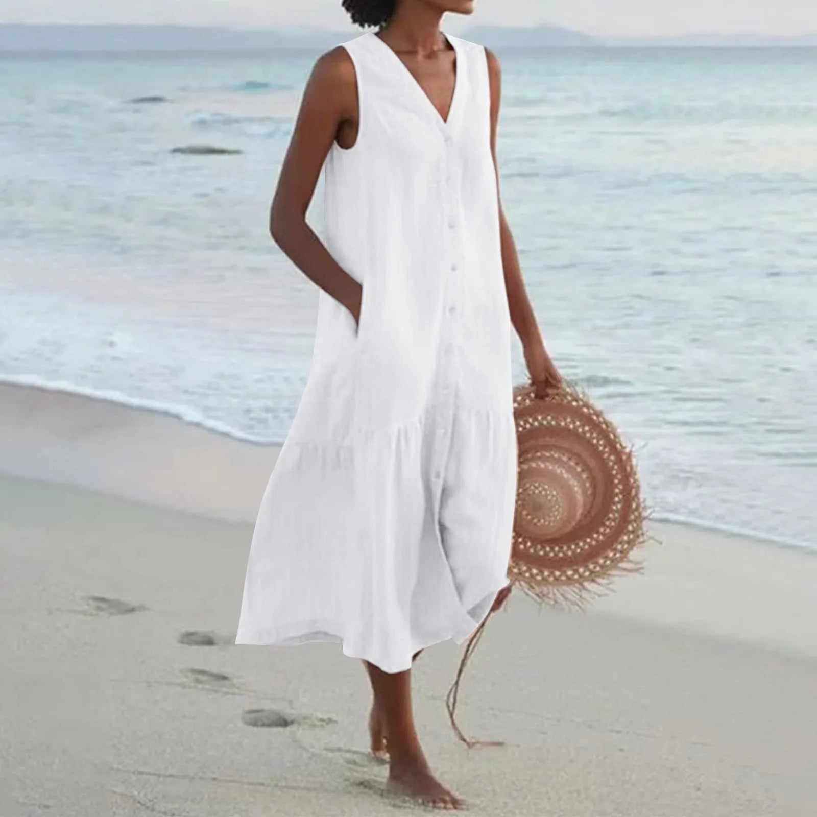 Vestido midi de verano sin mangas para mujer con escote en V y botones