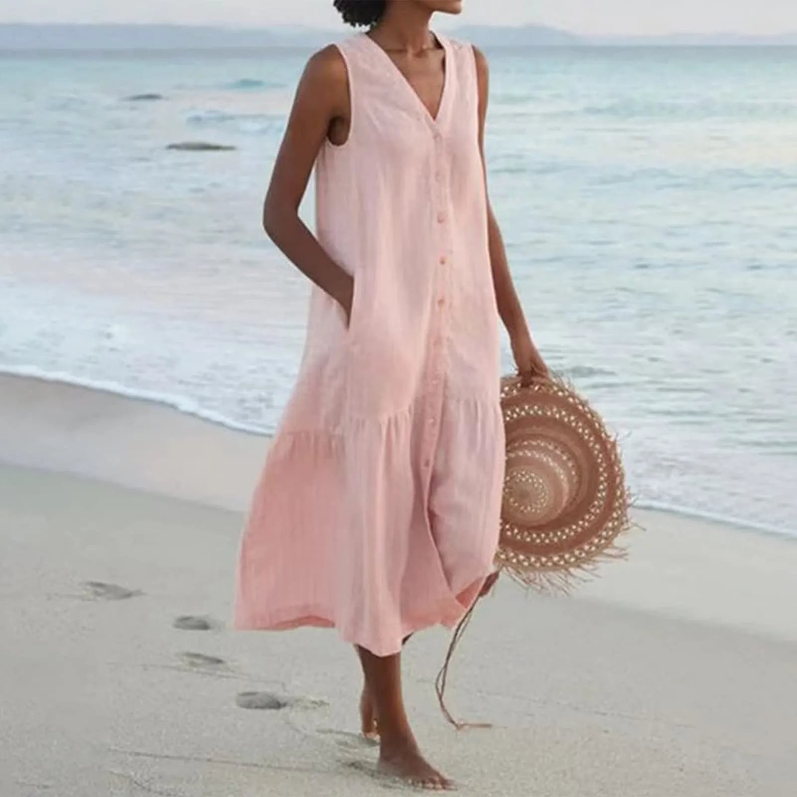 Vestido midi de verano sin mangas para mujer con escote en V y botones