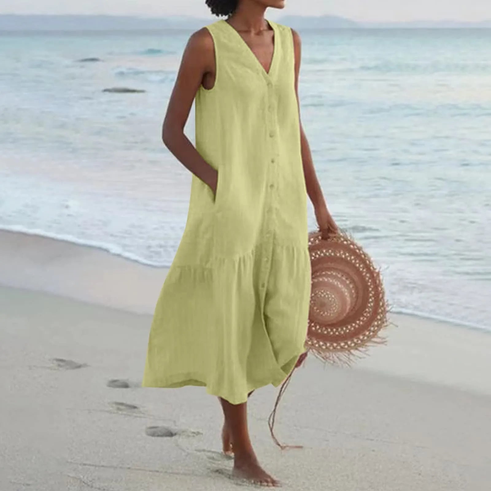 Vestido midi de verano sin mangas para mujer con escote en V y botones