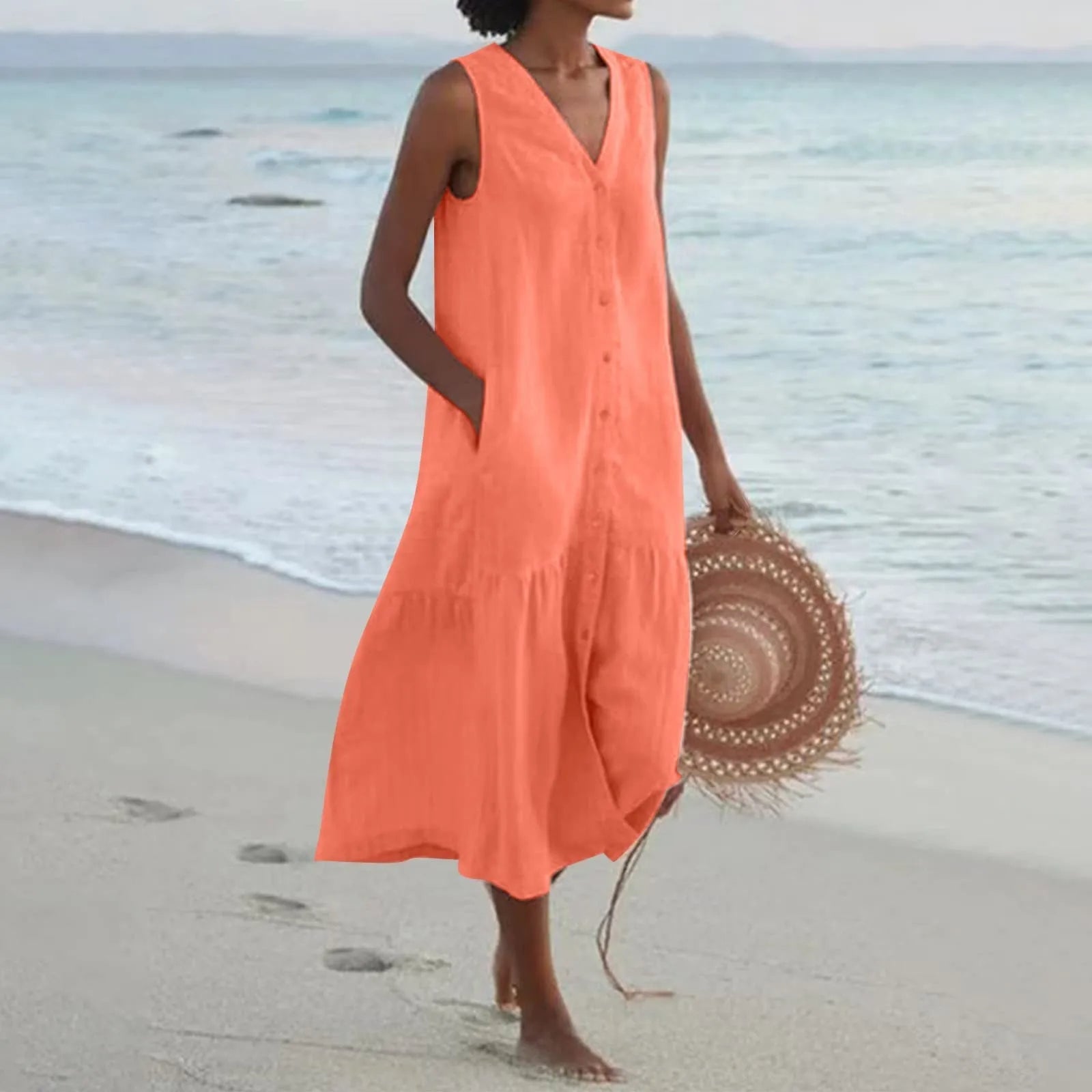 Vestido midi de verano sin mangas para mujer con escote en V y botones
