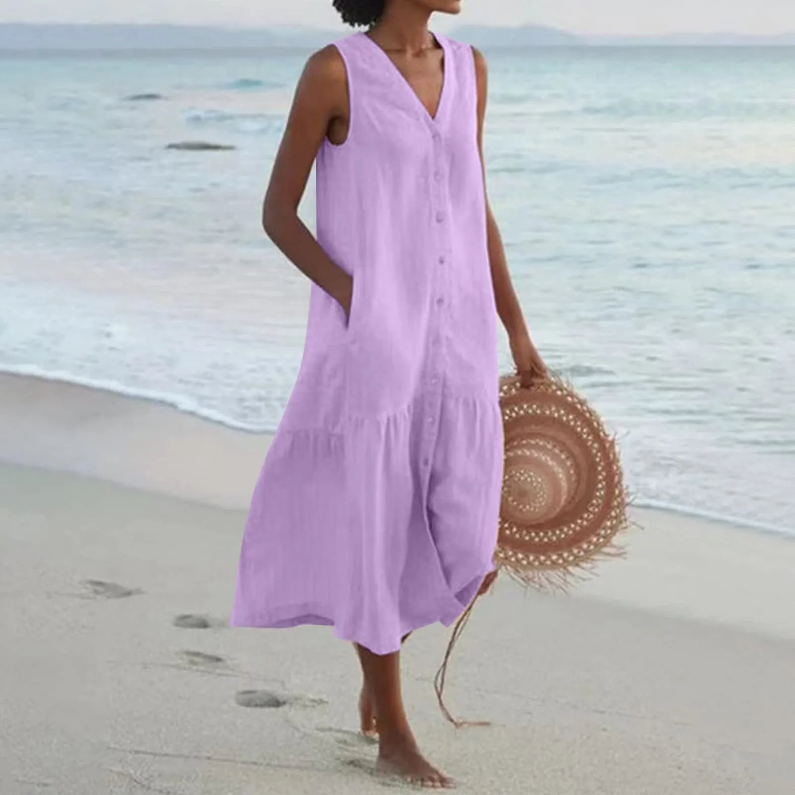 Vestido midi de verano sin mangas para mujer con escote en V y botones