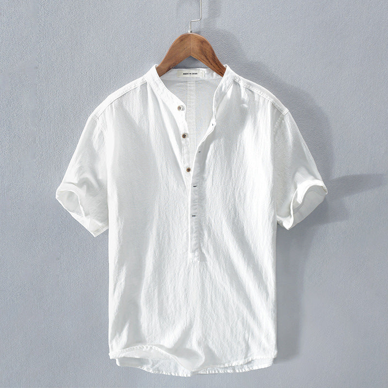 Men’s Linen Shirt Stand Collar Short Sleeve Top