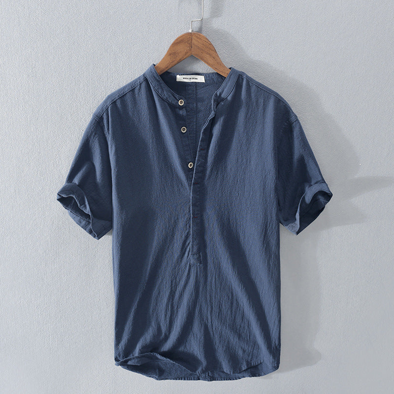 Men’s Linen Shirt Stand Collar Short Sleeve Top