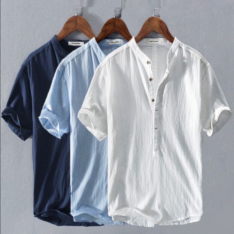 Men’s Linen Shirt Stand Collar Short Sleeve Top