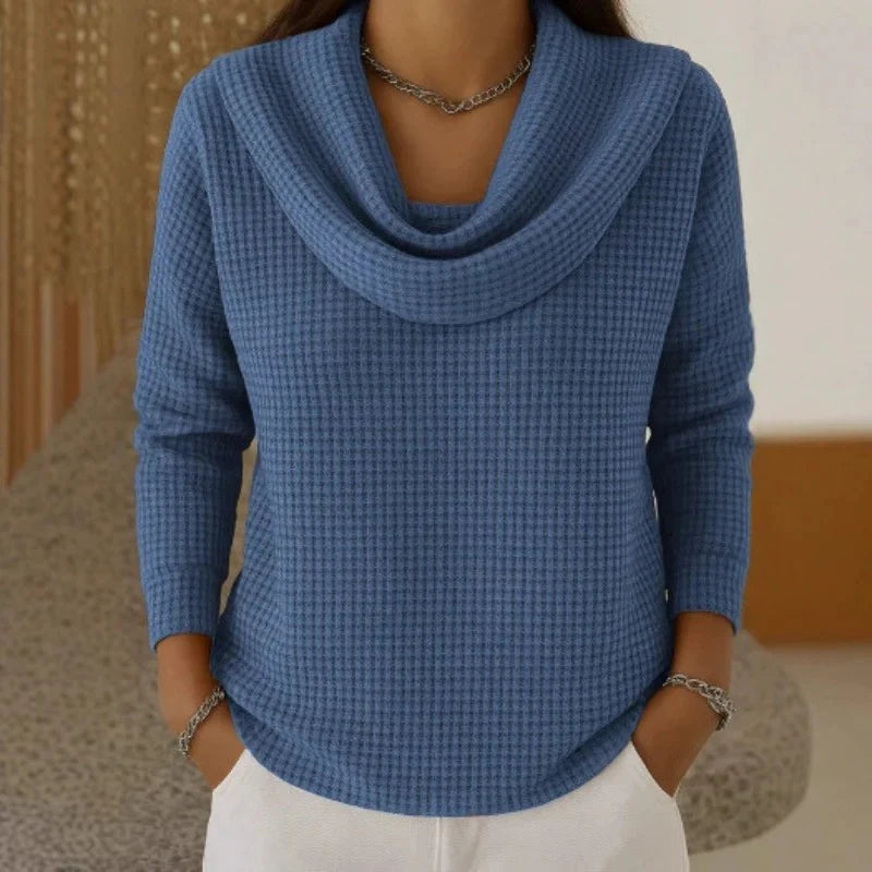 Women’s Textured Waffle-Knit Cowl Neck Sweater – Fitted Soft Jumper for Elegant Autumn Office and Casual Wear