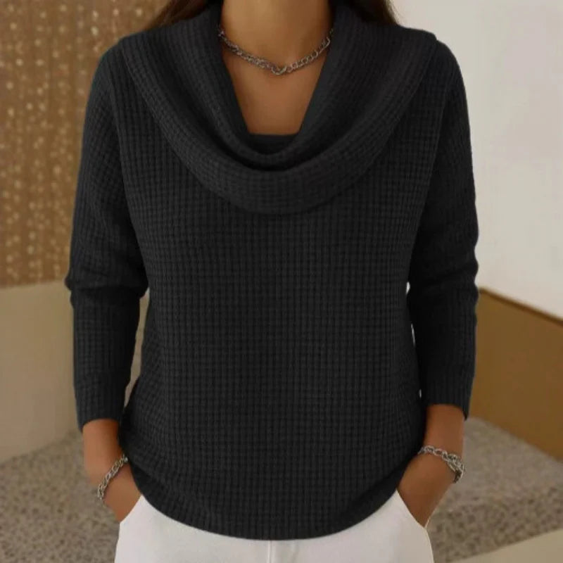 Women’s Textured Waffle-Knit Cowl Neck Sweater – Fitted Soft Jumper for Elegant Autumn Office and Casual Wear
