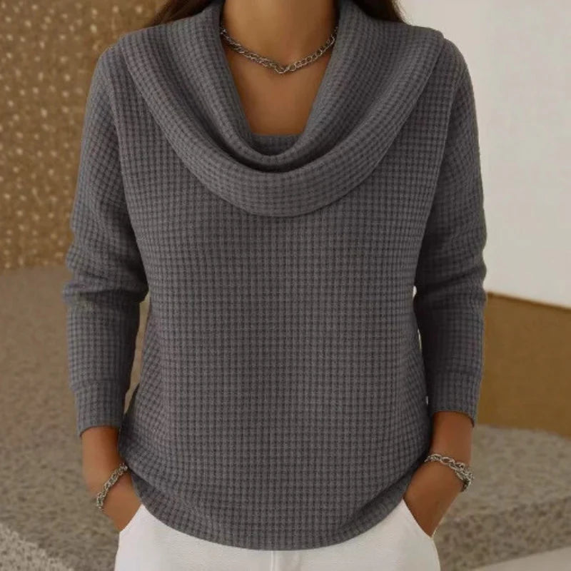 Women’s Textured Waffle-Knit Cowl Neck Sweater – Fitted Soft Jumper for Elegant Autumn Office and Casual Wear