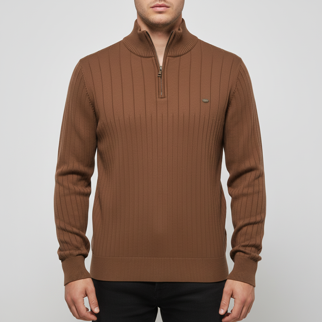 Herrestrikket kvart-zip sweater med ståkrave