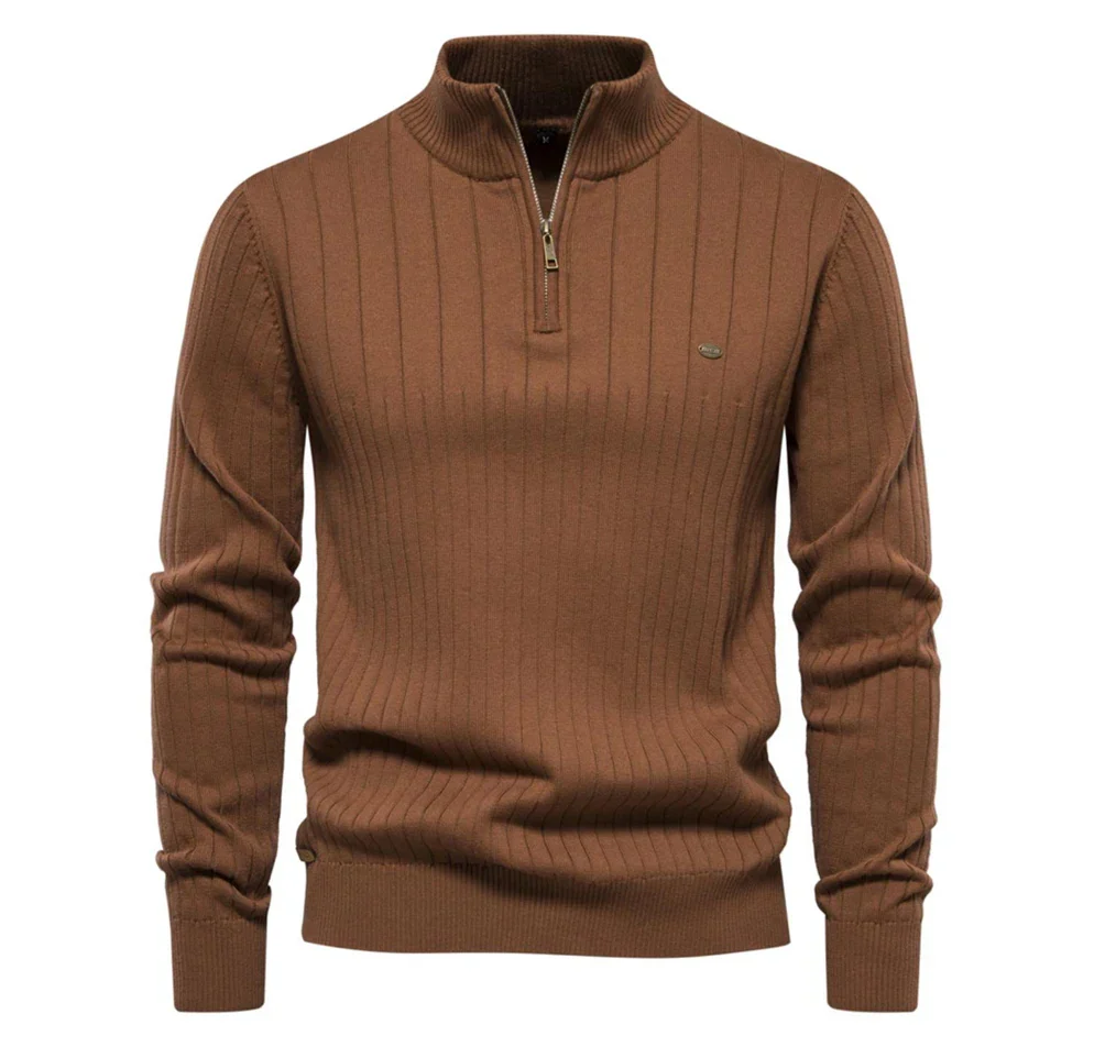 Herrestrikket kvart-zip sweater med ståkrave