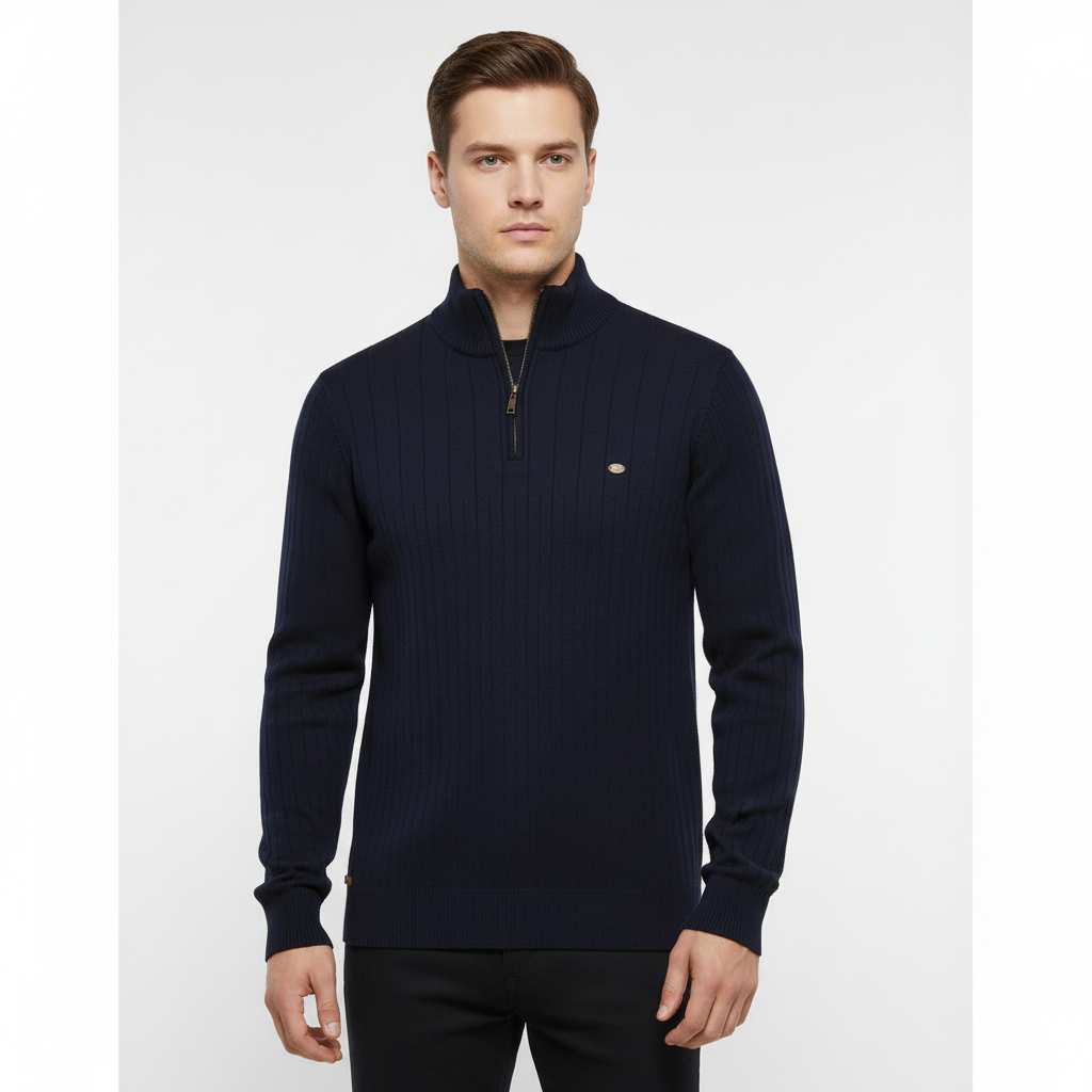 Herrestrikket kvart-zip sweater med ståkrave