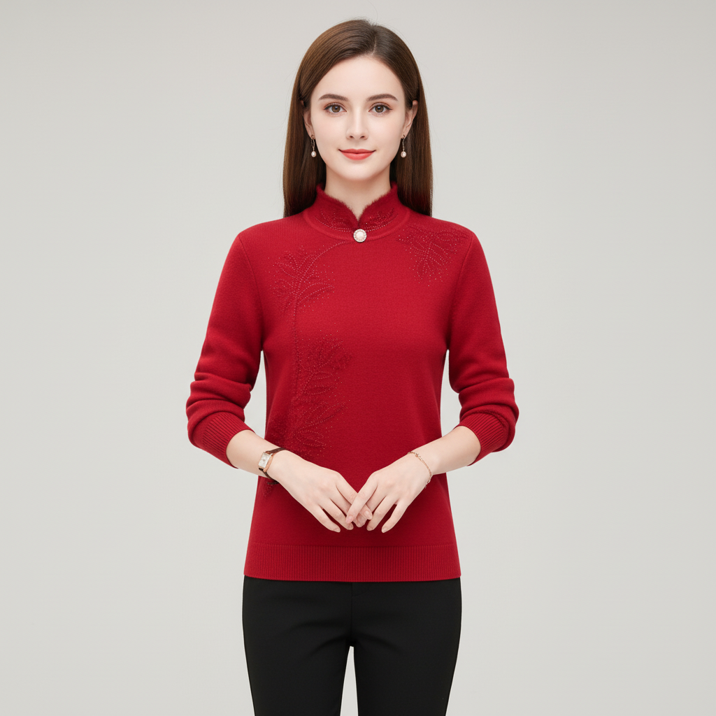 Damehøjhalset sweater med trykt knapdetalje