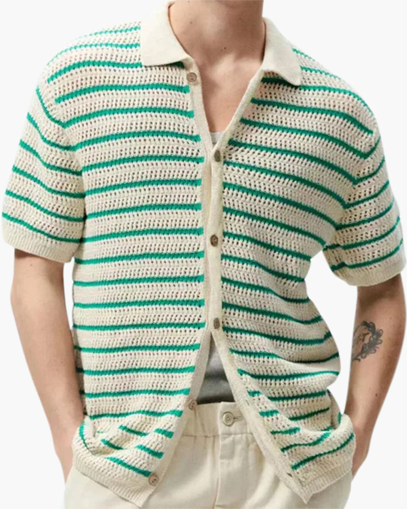 Men’s Striped Crochet Knit Button Up Summer Polo Shirt