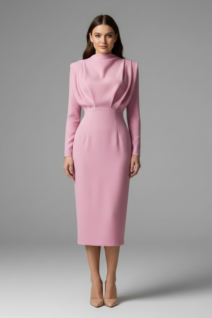 Women’s Long Sleeve Mock Neck Midi Dress Elegant Tailored Silhouette