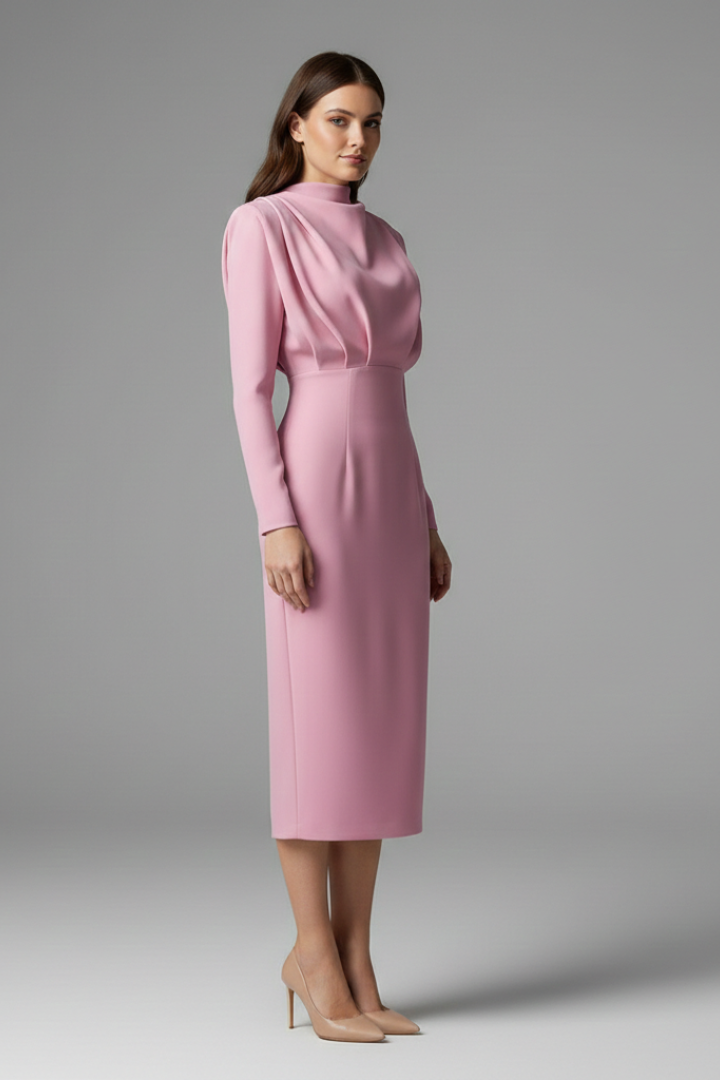 Women’s Long Sleeve Mock Neck Midi Dress Elegant Tailored Silhouette