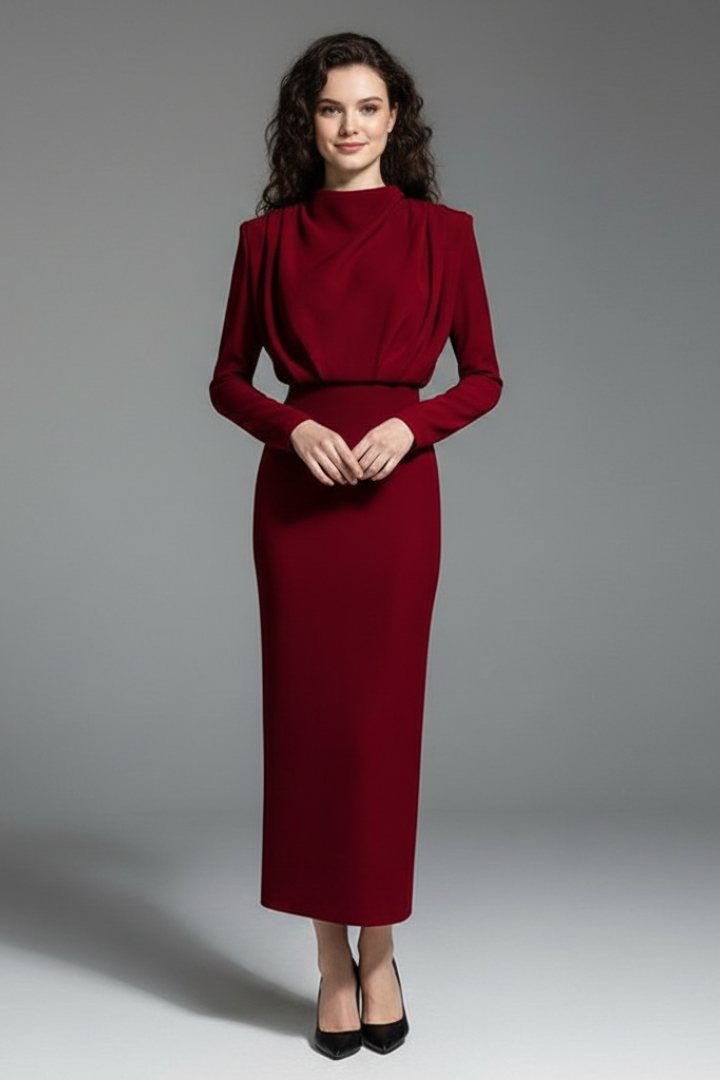 Women’s Long Sleeve Mock Neck Midi Dress Elegant Tailored Silhouette