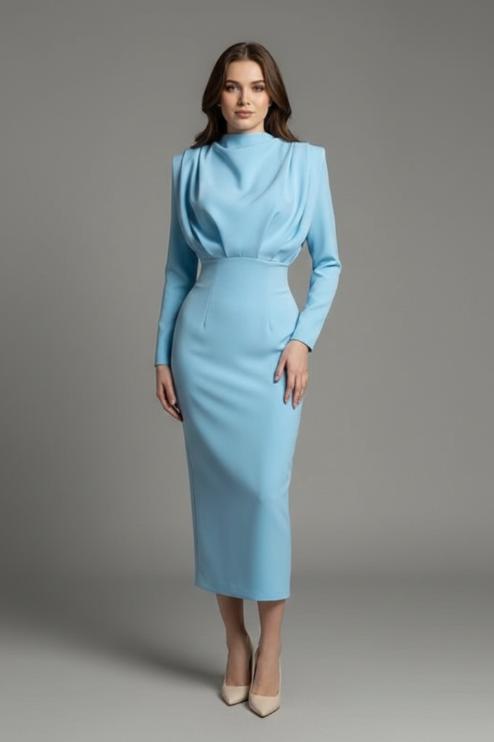 Women’s Long Sleeve Mock Neck Midi Dress Elegant Tailored Silhouette