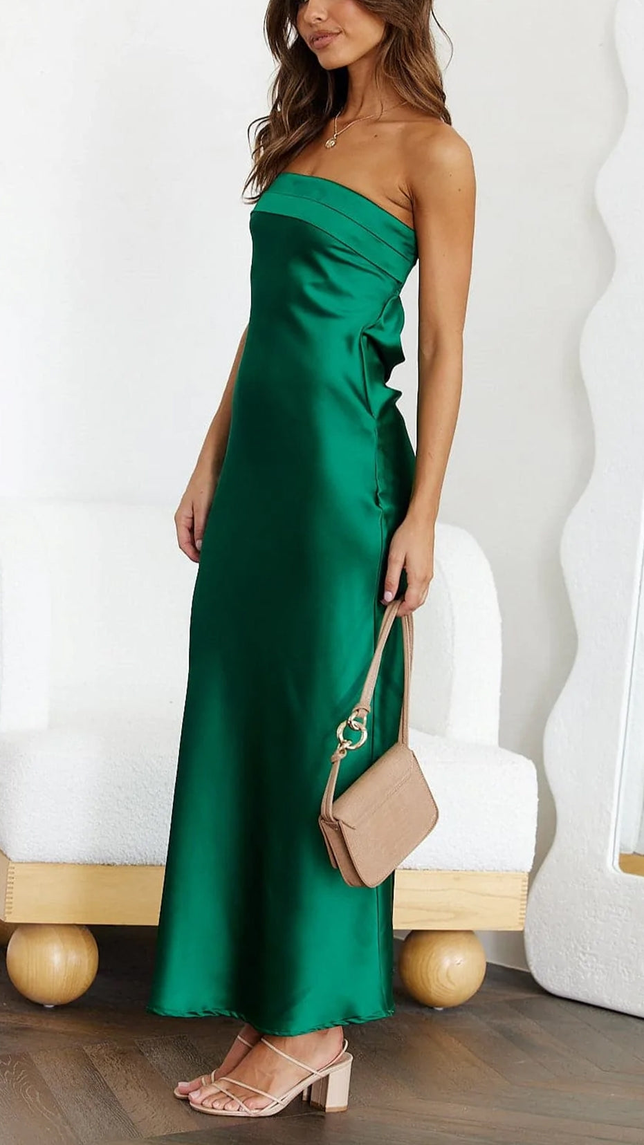Damen-Satin-Maxikleid ohne Träger – Elegantes Kleid für Hochzeitsgäste bei Empfängen