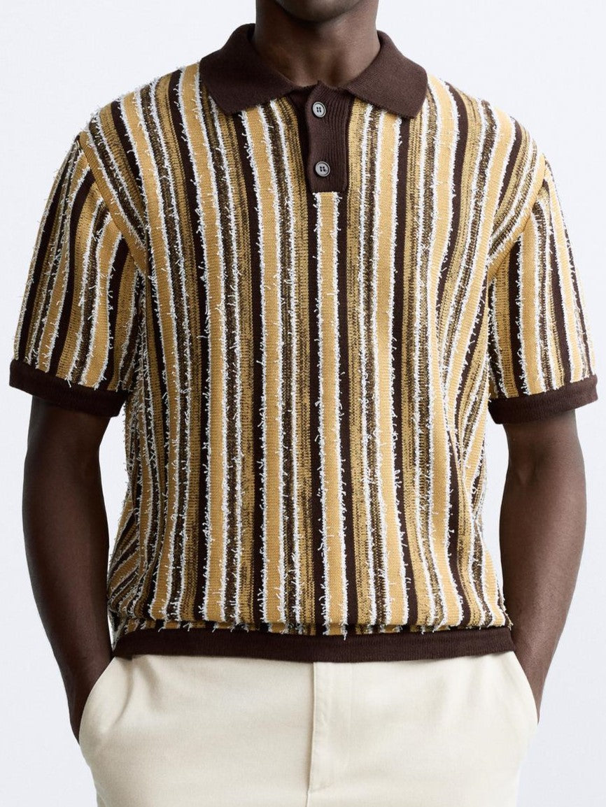 Men’s Retro Knitted Stripe Polo Casual Summer Shirt