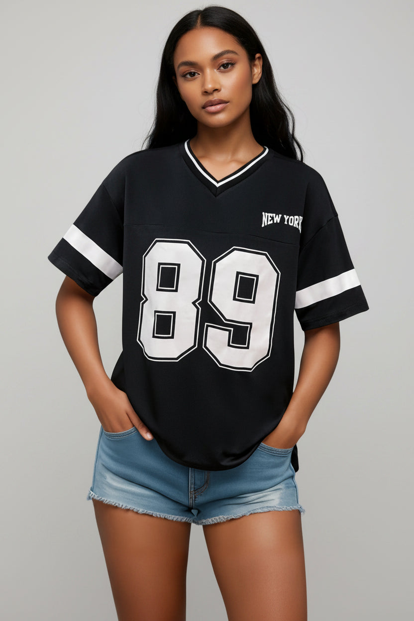 Women’s Printed T-Shirt V Neck Varsity Jersey Fit