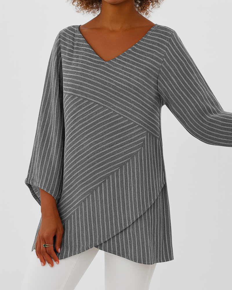 Women’s Asymmetric Layered Top – Striped Batwing Sleeve Smart Casual Style