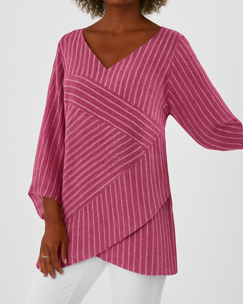 Women’s Asymmetric Layered Top – Striped Batwing Sleeve Smart Casual Style