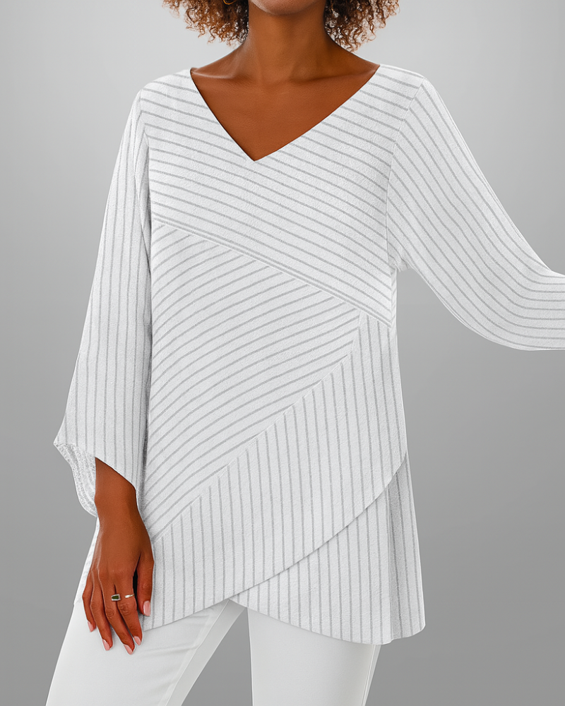 Women’s Asymmetric Layered Top – Striped Batwing Sleeve Smart Casual Style