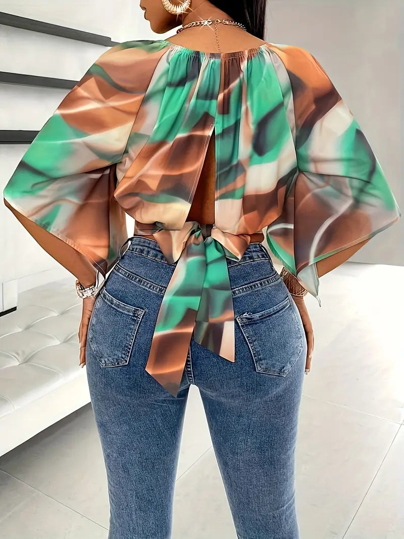 Haut court imprimé pour femme – top d’été à manches papillon drapées, idéal pour les vacances et les soirées