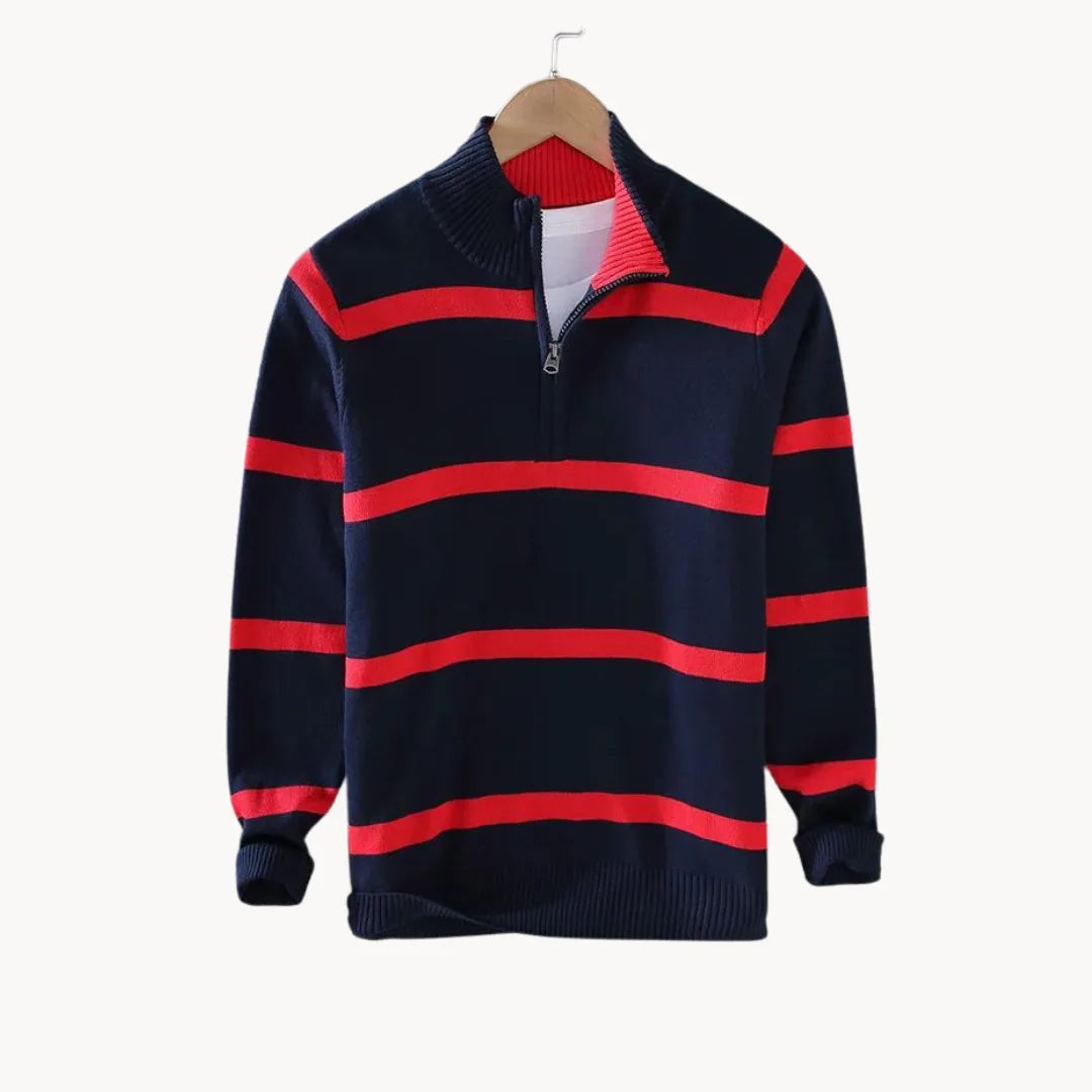 Jersey de hombre con cremallera hasta el pecho, cuello alto, tejido a rayas, manga larga, casual, para uso diario y capas