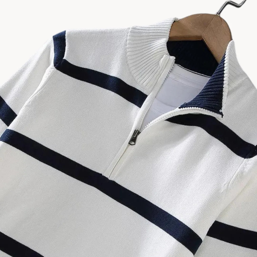 Jersey de hombre con cremallera hasta el pecho, cuello alto, tejido a rayas, manga larga, casual, para uso diario y capas