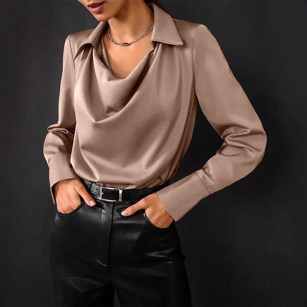 Blusa de satén para mujer con escote drapeado y mangas largas