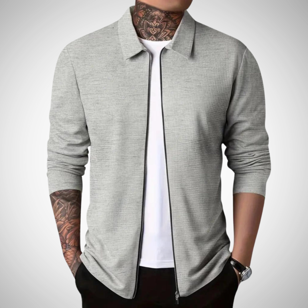 Pánský kardigan úzkého střihu na zip - lehká vrstva s límečkem pro elegantně ležérní kancelářský styl i každodenní městské nošení