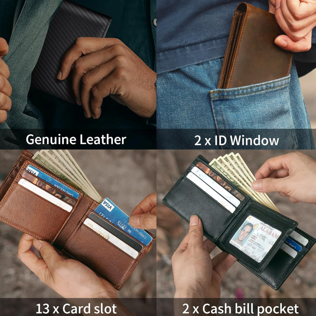 Herre Slim RFID-blokerende Tegnebog – Ægte Læder Bifold med 13 Kortlommer og ID-vindue