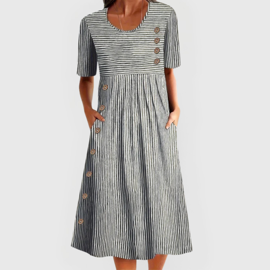 Women’s Cotton A-Line Midi Dress – Striped Summer Day Style with Pockets