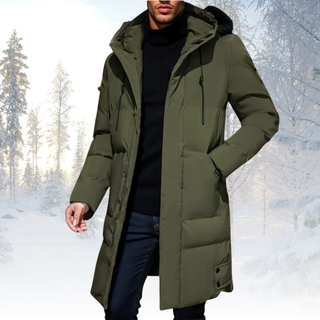Abrigo acolchado largo con capucha para hombre – Capa aislante resistente a la intemperie para usar en invierno