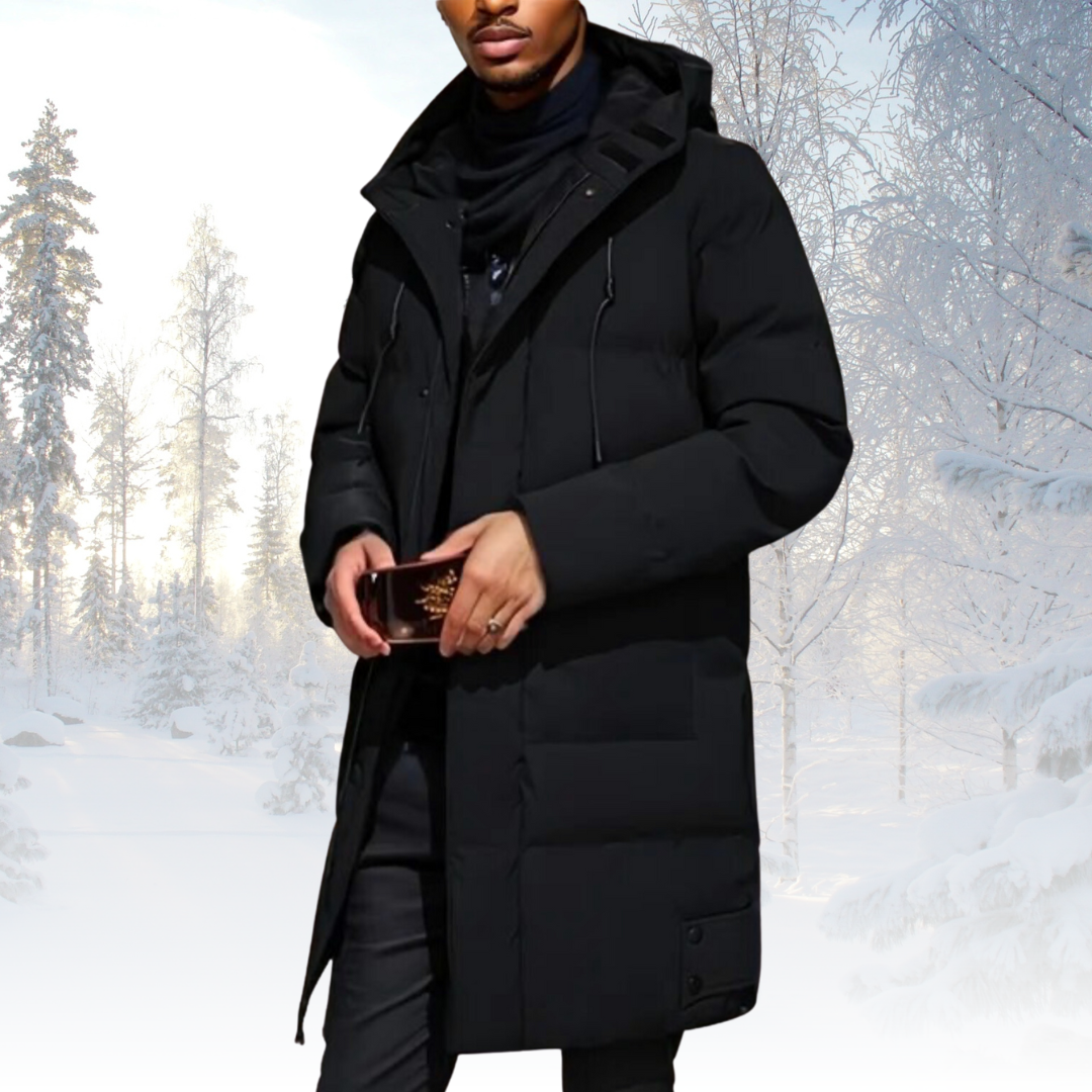 Abrigo acolchado largo con capucha para hombre – Capa aislante resistente a la intemperie para usar en invierno