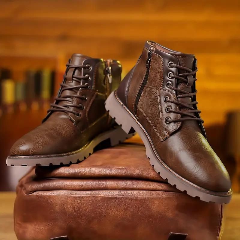Herren-Schnürstiefeletten – Klassisches Lederdesign mit seitlichem Reißverschluss und robuster Profilsohle