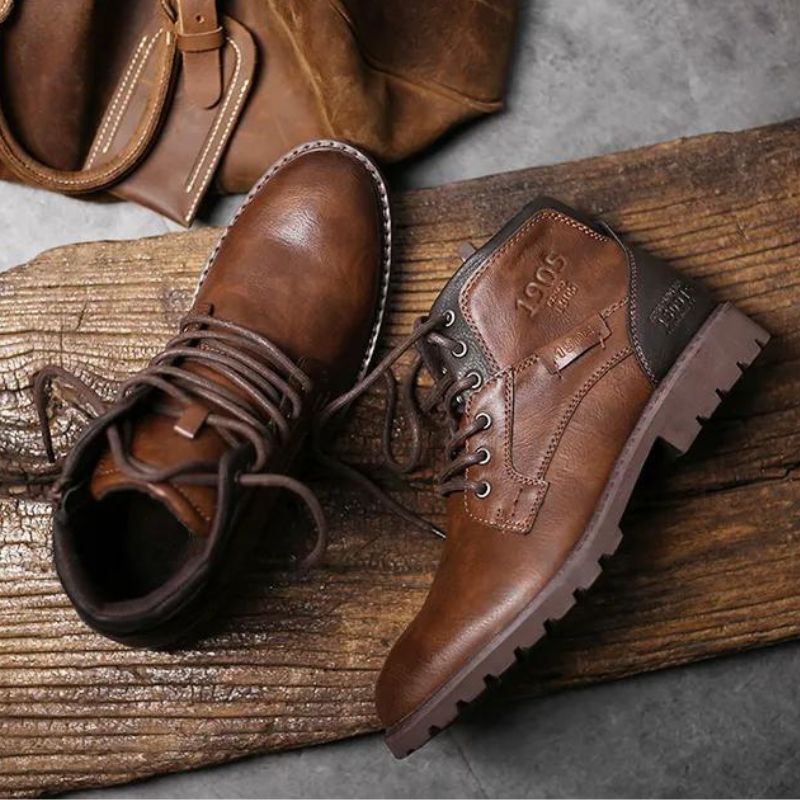 Herren-Schnürstiefeletten – Klassisches Lederdesign mit seitlichem Reißverschluss und robuster Profilsohle