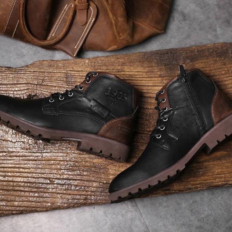 Herren-Schnürstiefeletten – Klassisches Lederdesign mit seitlichem Reißverschluss und robuster Profilsohle