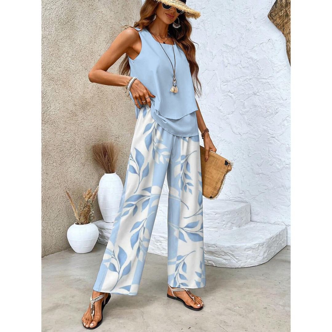 Completo da resort femminile senza maniche con pantaloni larghi stampati